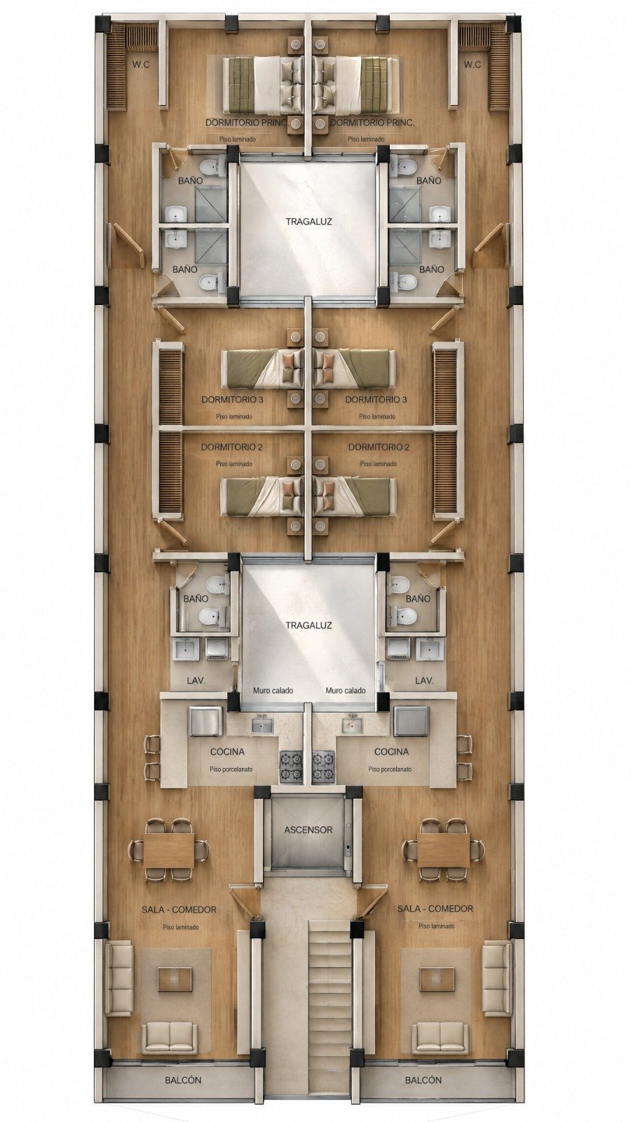 Render de la planta típica de 95 metros cuadrados de El Sauce II